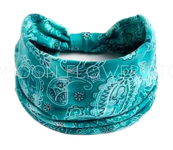 Teal Paisley Boho Headband for Women – Wide Stretch Hair Wrap Blue
