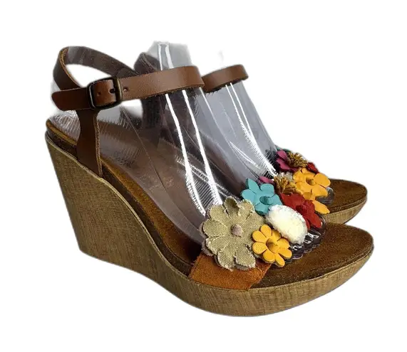 BioStep Floral Embellished detail cork Wedge heels leather size 8 boho chic girl
