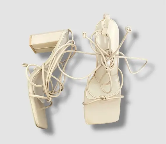 Nude Glitter Iridescent Glam Square Open Toe Block Heel Lace Up Sandals US 9.5 Tan