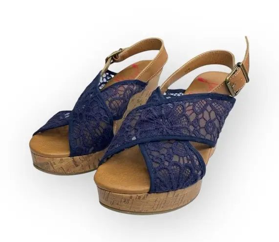 Jellypop Peaches Lace Platform Slingback Wedge Heel Espadrille Sandal Navy 