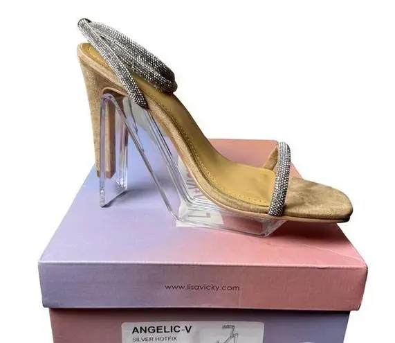 Lisa Vicky Women’s Angelic V Heeled Sandals Sparkle Bling Rhinestones Size 7M Silver