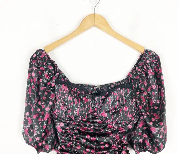 For Love and Lemons Melrose Mini Dress Small Floral Puff Sleeve Ruched Fairy Black