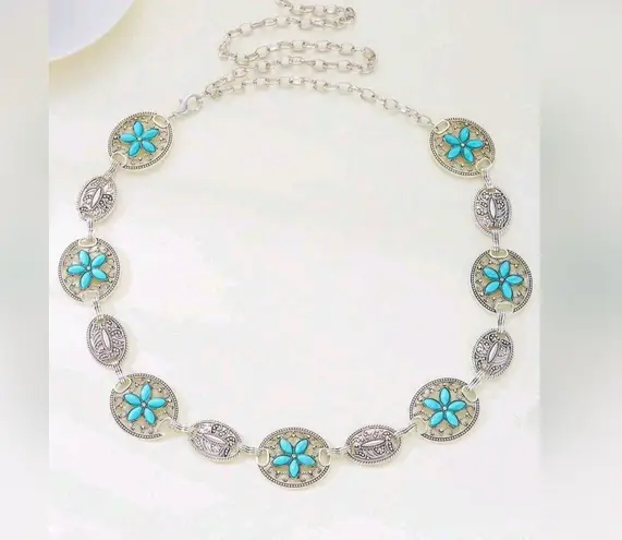 Turquoise Silver Color Vintage Carved Flower Style, Waist Chain Belt
