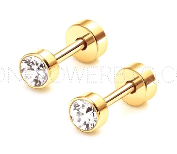 18k Gold Stainless Steel CZ Flat Back Stud Earrings – Hypoallergenic