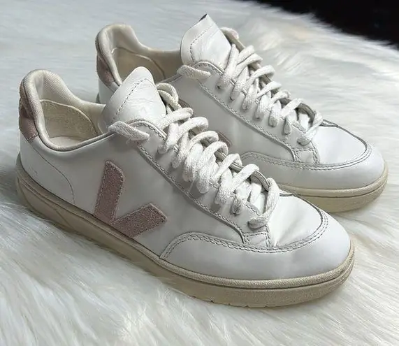 VEJA White and Babe Pink V-12 Sneakers