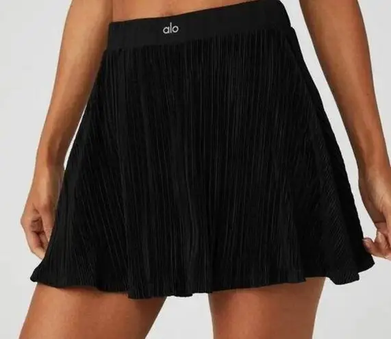 Alo Yoga Alo Micro Plisse Tennis Skirt Black Crinkled Shiny Satin Sports Traveling Skort