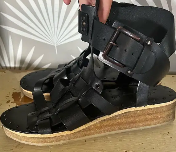 Free People  Black Leather Marianne Gladiator Wedge Sandals