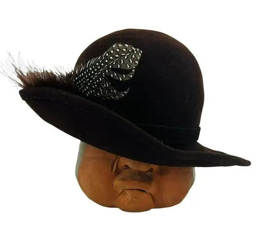 Vintage Geo W Bollman Lords Chocolate Doeskin Felt Wool Hat Feather