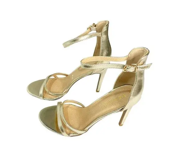 Venus  Open Toe Gold Strappy  4 Inch Stiletto Heels Sz 7 NWOT Formal