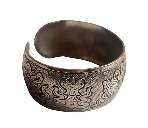 Antique Silver Tibetan Buddha Symbols Cuff Good Fortune Vintage Bracelet