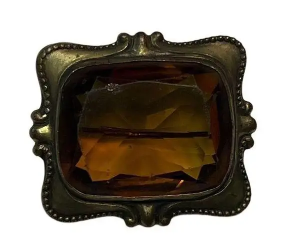 Large Antique Amber Brooch Bronze Frame C Clasp Gold