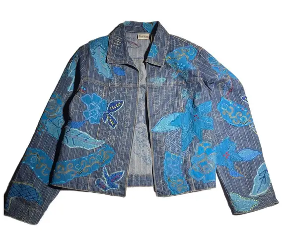 Vtg 1990s Chico's Blue Floral Applique Pinstripe Denim Open Front Jacket 1 M Size M