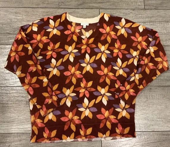 Garnet Hill 100% Cashmere Floral V Neck Sweater Top XS Autumn Colors