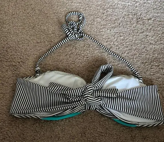 Black and white striped bandeau bikini top Blue bow removable strap swim beach Size M