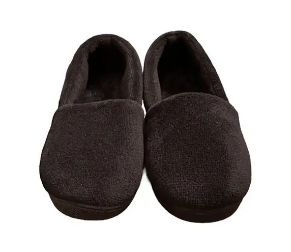 Isotoner Indoor/Outdoor Black Microterry Satin Trimmed Slippers Size 6.5-7