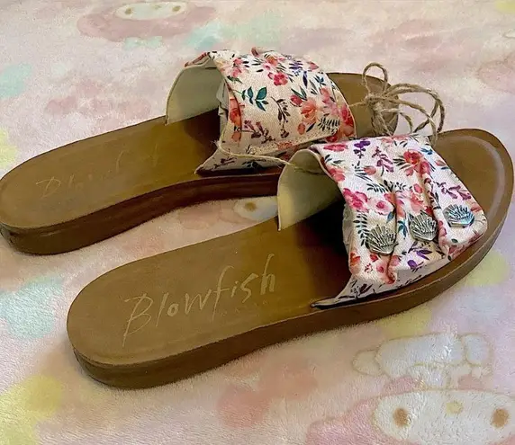 Blow Fish Malibu Sunrise slides, baby pink with roses & leather sole (NEW) 7.5