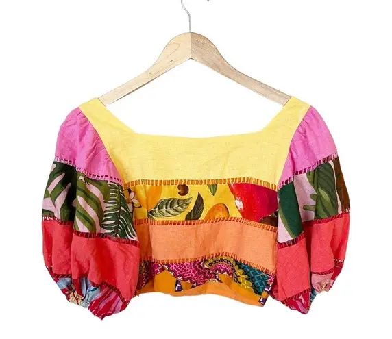 Farm Rio Tiered Top Rainbow Mixed Print Cropped Linen Multicolor Puff Sleeve Sm