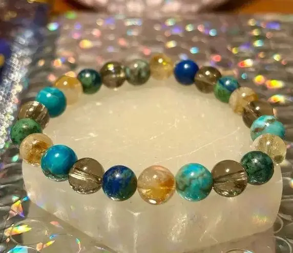 Handmade 🩵Genuine turquoise + azurite + citrine + smoky quartz beaded bracelet