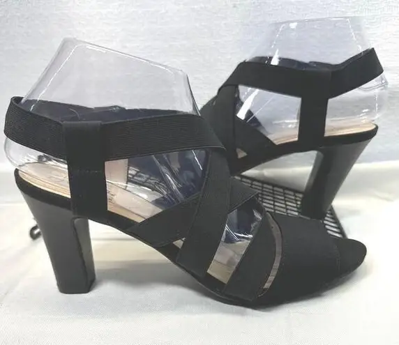 Life Stride Soft System Black Elastic Strappy 3.5" Heels Sandals Womens 8