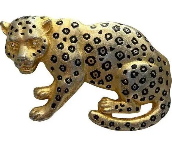 RARE Doreen Ryan Leopard Belt Buckle 90s 5" Statement Gold Enamel Rhinestone Cat