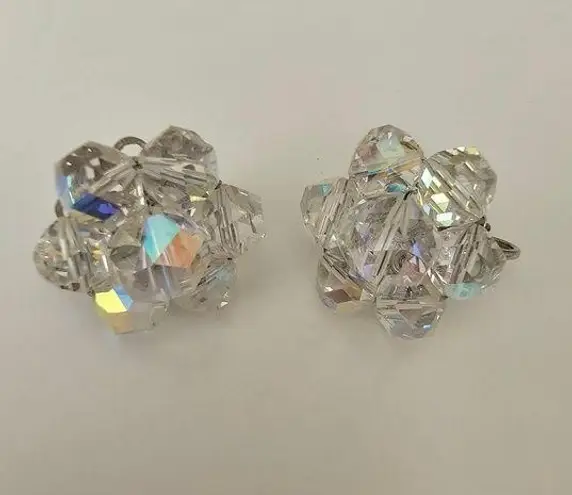 Laguna Crystal Aurora Borealis Austrian Bead Cluster Vintage Statement Earrings Silver