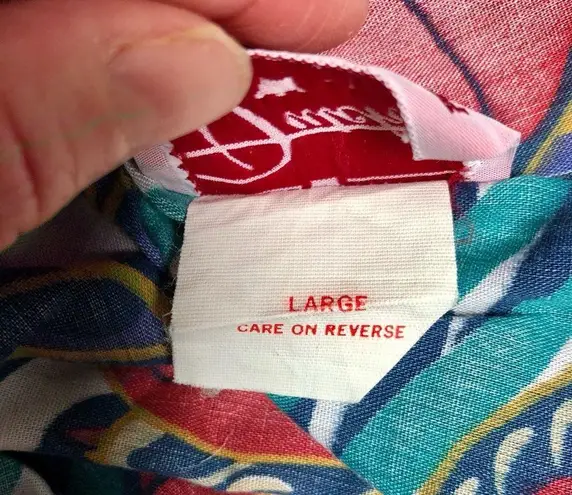 Vintage 70s Dutchess Hawaiian Floral Tunic Apron Top Shirt Luau Tropical Size L Blue Size L