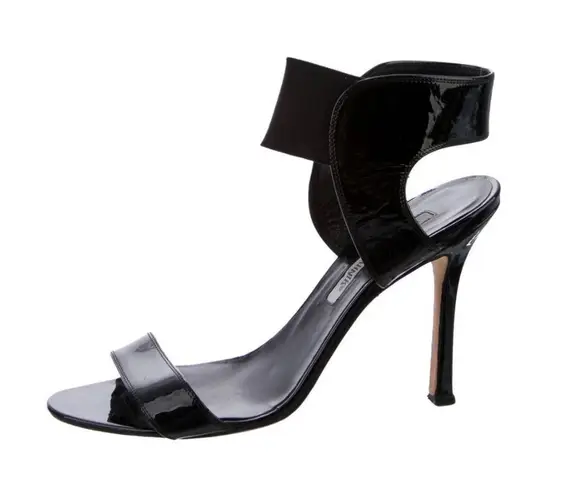 Manolo Blahnik EUC Auth Black Patent Strap Heeled Sandals 37.5