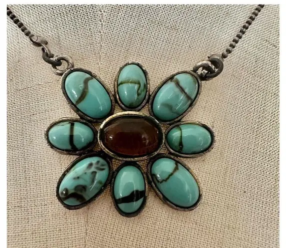 Sterling silver howlite and amber flower pendant necklace Blue