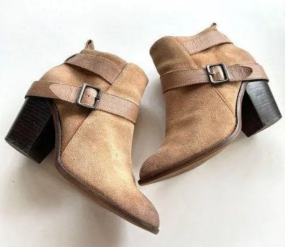 Kelsi Dagger  HEELED ANKLE BOOTS‎ STRAP TAN SUEDE BOOTIES WOMENS SIZE 8.5