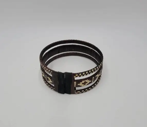 Handmade Woven Rattan Bracelet Brown and White Geometric Pattern Medium Cuff