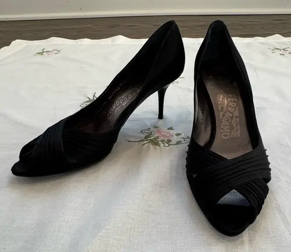 Salvatore Ferragamo “Societe” black satin peep toe pumps size 6