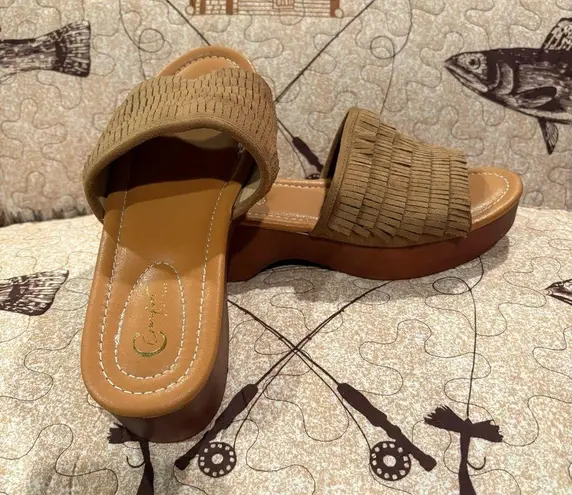 Cato C est 1946 Comfort Suede Look Fringe Wood 2 Inch Heel Slides 9M Brown Size 9