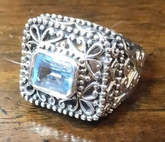 BARSE Blue Topaz Sterling Silver Filigree Cut Out Statement Ring Sz 7