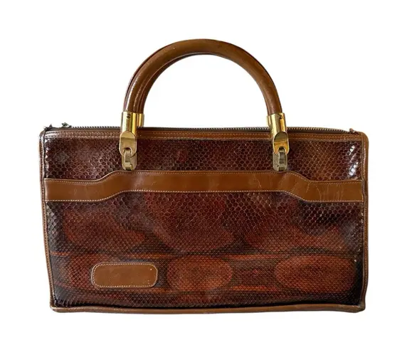 Vintage Bags By Varon Brown Snakeskin Purse Handbag Wooden Handle 1980's
