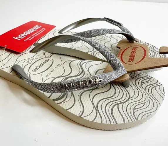 Havaianas NEW  Slim Bridal Glitter Flip Flops in White Bright Silver Women's 6