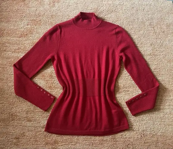 Women’s FWM 100% merino wool red mock neck sweater L fitted ribbed cuffs UK Size L