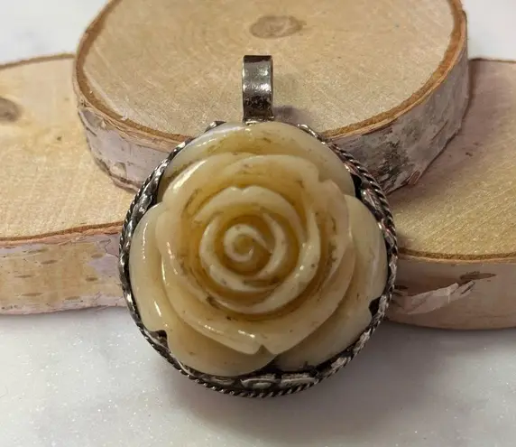 Ivory Rose Pendant Necklace with Ornate Metal Frame Silver