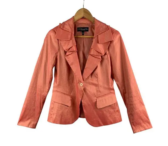 Colleen Lopez XS Coral Blazer Jacket With Ruffle Detail Red