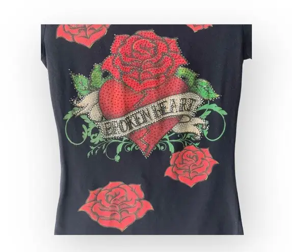 Y2K: Broken Heart ✿ Crystal Rose Tattoo Tee T Shirt ✿ Black Small ✿ Stretch Fit