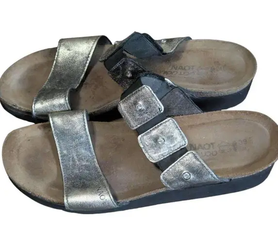 Naot Silver Leather Slide Sandals EU 39 US 8 Comfort Cork Footbed Boho