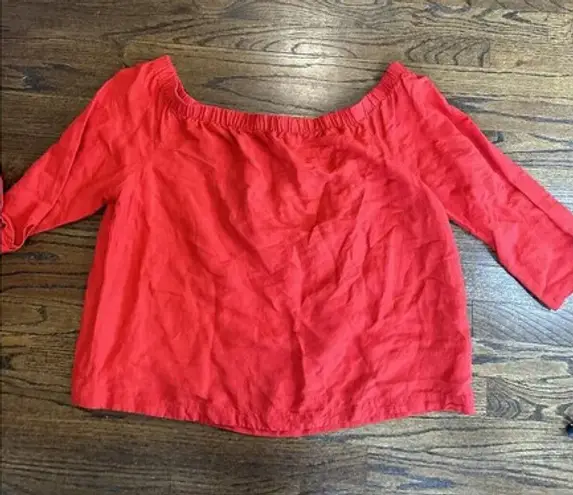 Karen Millen Size US 12 Red Linen Blend Shirt EUC Tie Sleeves Off Shoulder N0867