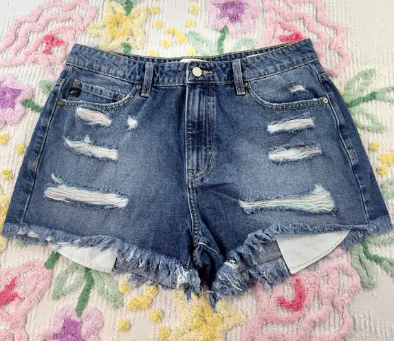 Kancan Distressed Cutoff Denim Shorts Rainbow Detail Women's Size L Blue Size L