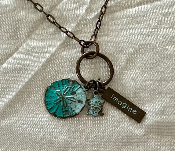 Handmade NEW! Brass Chain & Beachy Theme Charms Pendant Necklace Sand Dollar Turtle