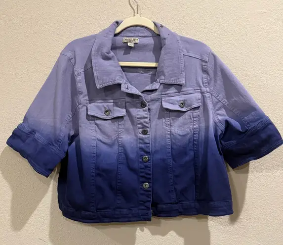 One World Ombre Denim Cropped Jacket Purple Blue Short Sleeve Women's 2X