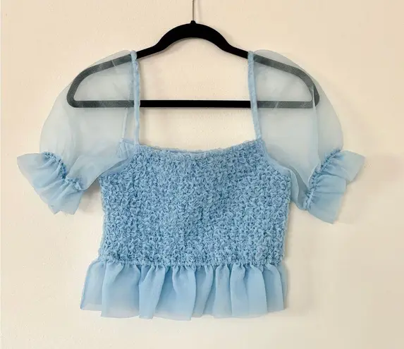 STAUD Cannon Top French Blue Crinkle Organza Puff Sleeve Cropped