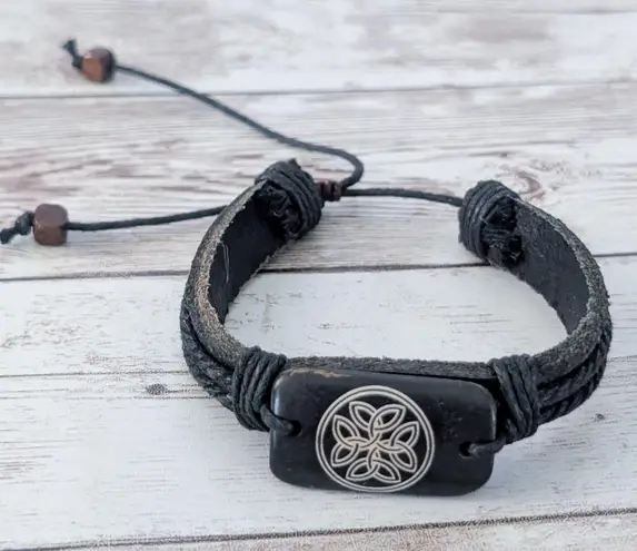 Leather? Tie Bracelet with Celtic Like Charm Black