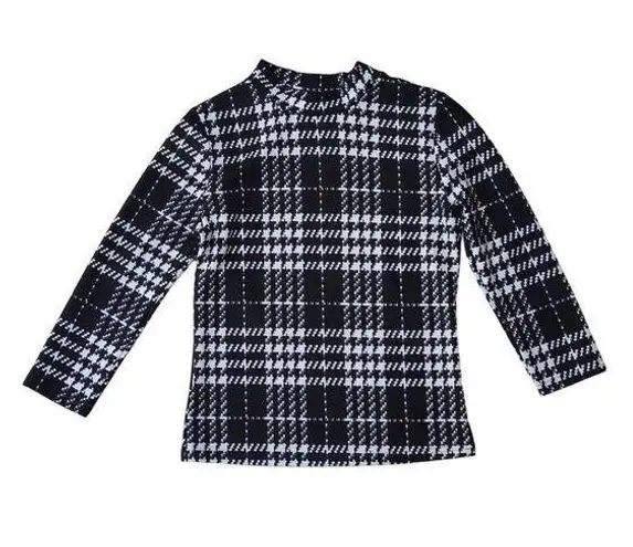 Houndstooth Mock Turtleneck Knit Jumper Top 3/4 Sleeves Black White Size XS