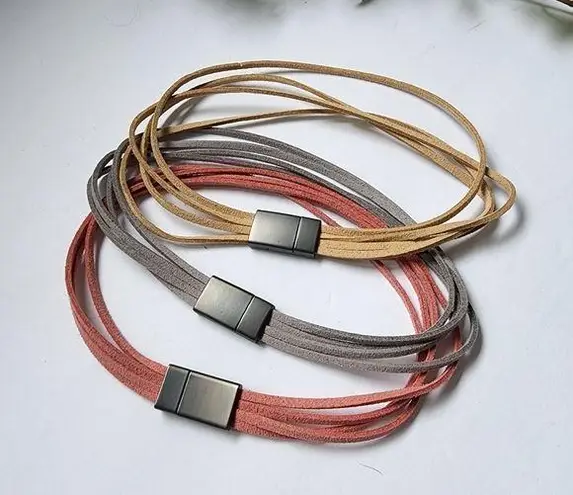 Pink, Tan and Grey Suede Multi String Choker Necklace Set Pink