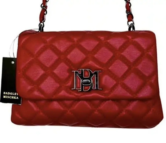 Badgley Mischka Designer Quilted Leather Red Silver Crossbody Purse