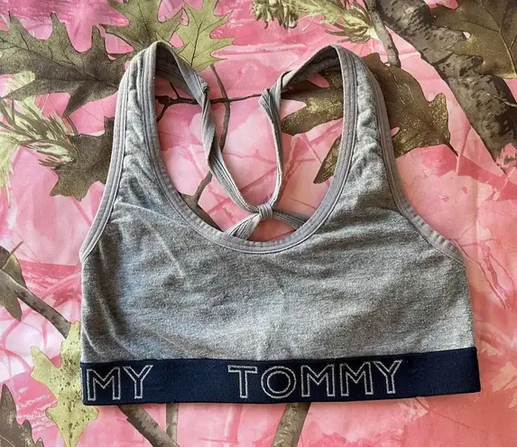 Tommy Hilfiger grey navy cross back cotton sports bra sparkly silver logo